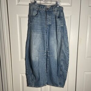 FP We The Free Good Luck Mid-Rise Barrel Jean Women 30 L Blue Denim Button Fly